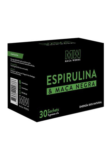 CAFÉ MACA WORKS 150 GR ESPIRULINA Y NEGRA CAJA 30 SACHETS 5G C/U