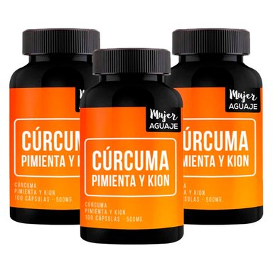 03 FRASCOS CÚRCUMA, PIMIENTA Y KION 500MG MUJER AGUAJE 100 CAPSULAS