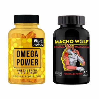 SUPLEMENTO MUJER AGUAJE OMEGA POWER 60 CÁPSULAS + MACHO WOLF 60 CÁPSULAS MACA WORKS