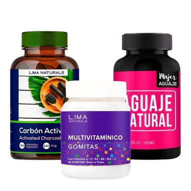 SUPLEMENTO LIMA NATURALS CARBÓN ACTIVADO CÁPSULAS + GOMITAS MULTIVITAMÍNICO + AGUAJE CÁPSULAS