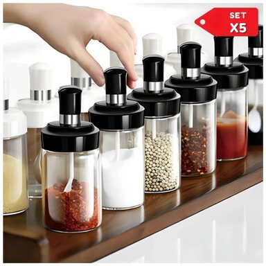 SET X5 CONDIMENTEROS ESPECIEROS DE VIDRIO CON CUCHARITA ORGANIZADOR DE CONDIMENTOS