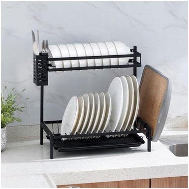 ESCURRIDOR DE PLATOS VASOS ACERO AL CARBONO 2 NIVELES CON BANDEJA DE DRENAJE 40.5X42X25CM