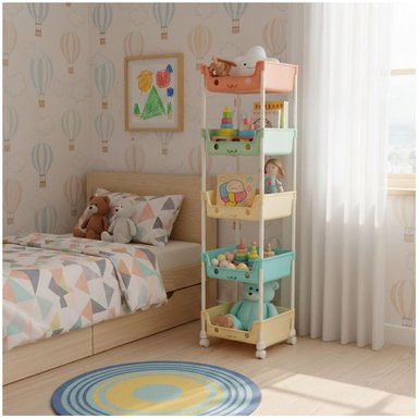 ESTANTE ORGANIZADOR DE JUGUETES KAWAII MULTIUSOS PLEGABLE DE 5 NIVELES CON RUEDAS