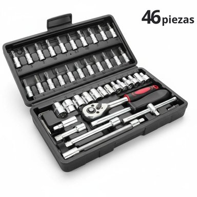 JUEGO DE HERRAMIENTAS Y LLAVES DE ACERO CROMADO 46 PIEZAS