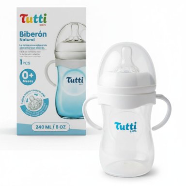BIBERÓN NATURAL TUTTI DE 240 ML 8 OZ TETINA ANCHA ANTICÓLICOS ASA ERGONÓMICA TAMAÑO M