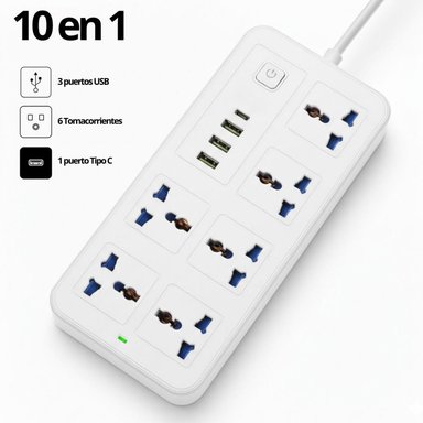 CARGADOR MULTIPUERTO 10 EN 1 EXTENSIÓN ELÉCTRICA 3 PUERTOS USB + 1 TIPO C + 6 TOMACORRIENTES TAMAÑO M