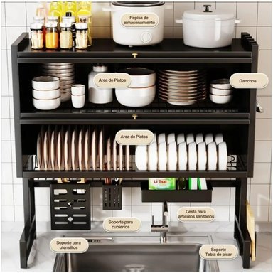 ORGANIZADOR Y ESCURRIDOR DE PLATOS 3 NIVELES CON DOBLE TAPA ACERO AL CARBONO 85CM - 2