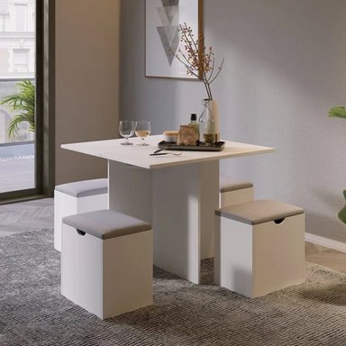 JUEGO COMEDOR R&R MUEBLES KATTY 4 BANCOS BLANCO MODERNO