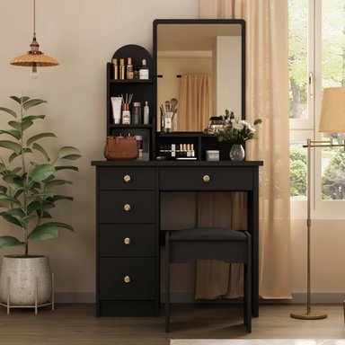 TOCADOR R&R MUEBLES LEYKA NEGRO CON BANQUETA MODERNO