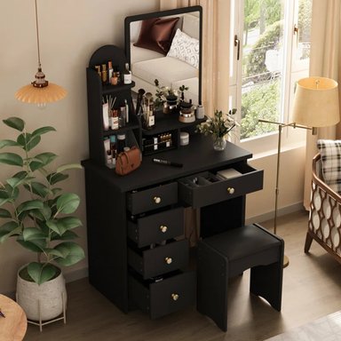 TOCADOR R&R MUEBLES LEYKA NEGRO CON BANQUETA MODERNO - 2