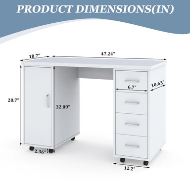 ESCRITORIO R&R MUEBLES MERLIN 120 CM X 47.5 CM BLANCO CON RUEDAS - 3