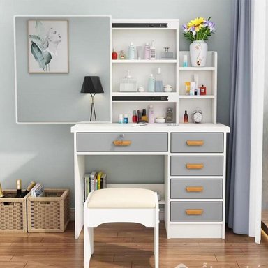 TOCADOR R&R MUEBLES HELGA BLANCO CON BANQUETA MODERNO GRIS CON LLAVE