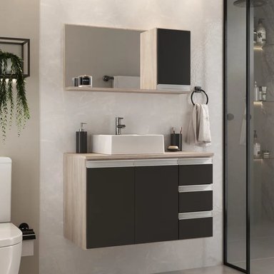 PACK MUEBLE DE BAÑO Y ESPEJO TAKAHITO MANZANO Y NEGRO RYR MUEBLES