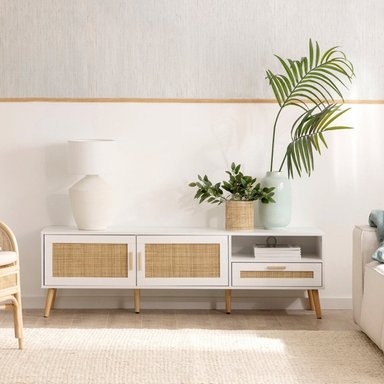 MESA PARA TV CON RATÁN HANNA 160 CM BLANCO RYR MUEBLES