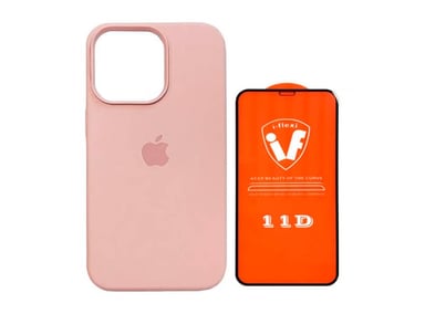 FUNDA SILICONE CASE PARA IPHONE 15 PRO NUDE + MICA DE VIDRIO 11D COMPLETO - 1