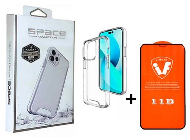 FUNDA CASE SPACE PARA IPHONE 15 PRO TRANSPARENTE + MICA DE VIDRIO 11D COMPLETO - 1