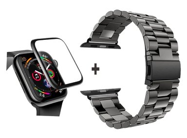 CORREA PARA APPLE WATCH 42MM METALICA ESLABON NEGRO + MICA DE VIDRIO FULL GLUE 3D COMPLETO - 1