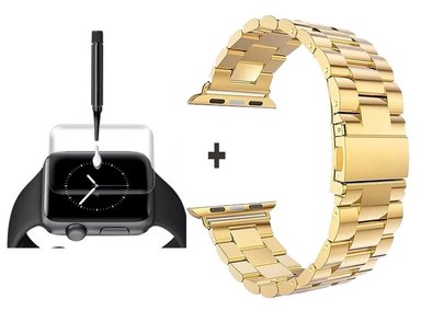 CORREA PARA APPLE WATCH 41MM METALICA ESLABON DORADO + MICA UV COMPLETA - 1