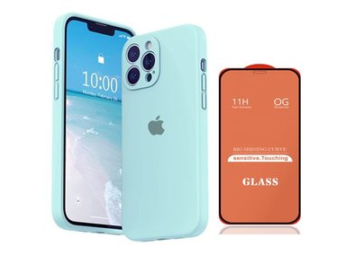CASE IPHONE 15 PRO SILICONA CON P/CÁMARA CELESTE BEBE + MICA DE VIDRIO COMPLETO - 1