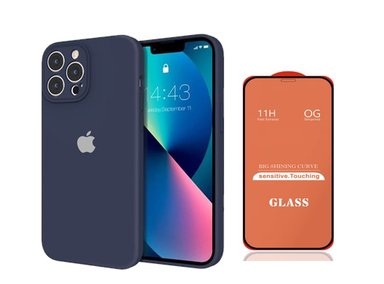 CASE IPHONE 15 PRO MAX SILICONA CON P/CÁMARA AZUL + MICA DE VIDRIO COMPLETO - 1