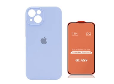 CASE IPHONE 14 SILICONA CON P/CÁMARA CELESTE BEBE + MICA DE VIDRIO COMPLETO - 1