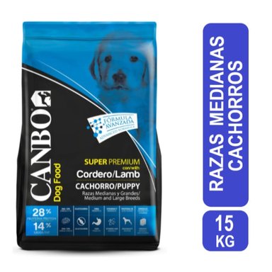 COMIDA PERROS CACHORROS CANBO RAZA MEDIANA Y GRANDE SABOR CORDERO SÚPER PREMIUM 15 KG