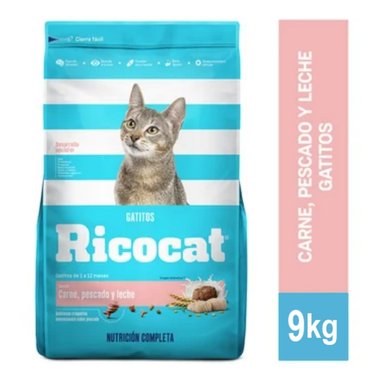 COMIDA SECA GATITOS RICOCAT SABOR CARNE SACO , PESCADO Y LECHE 9 KG