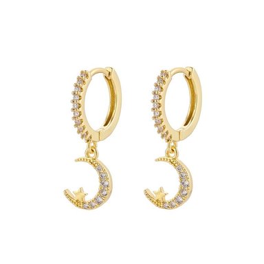 ARETE CLEO JOYAS & ACCESORIOS BAÑO DE ORO ARGOLLA LUNA CON ESTRELLA Y CIRCONES CON MUJER - 1