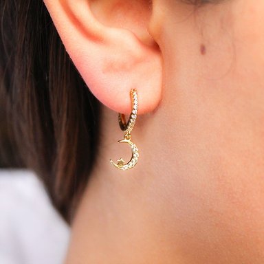 ARETE CLEO JOYAS & ACCESORIOS BAÑO DE ORO ARGOLLA LUNA CON ESTRELLA Y CIRCONES CON MUJER - 3