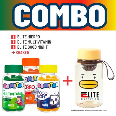 COMBO GOMITAS NIÑOS KIDS ELITE HIERRO + ELITE GOOD NIGHT + ELITE MULTIVITAMIN + SHAKER ELITE NUTRITION
