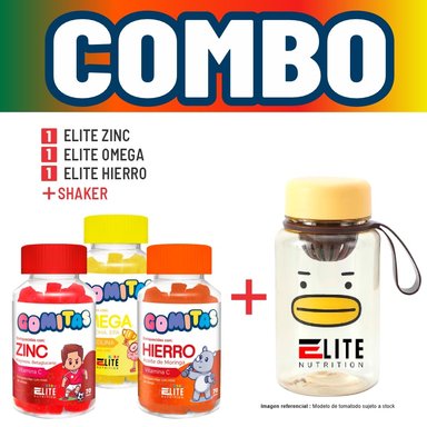 COMBO GOMITAS NIÑOS KIDS ELITE ZINC + ELITE OMEGA + ELITE HIERRO + SHAKER ELITE NUTRITION