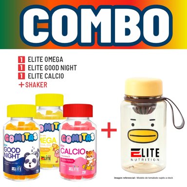 COMBO GOMITAS NIÑOS KIDS ELITE OMEGA + ELITE GOOD NIGHT + ELITE CALCIO + SHAKER ELITE NUTRITION