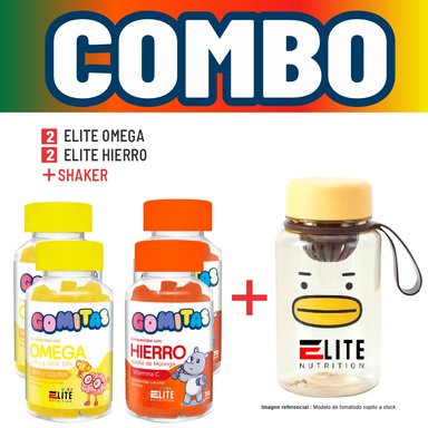 COMBO GOMITAS NIÑOS KIDS 2 ELITE OMEGA + 2 ELITE HIERRO + SHAKER ELITE NUTRITION