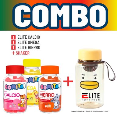 COMBO GOMITAS NIÑOS KIDS ELITE CALCIO + ELITE OMEGA + ELITE HIERRO + SHAKER ELITE NUTRITION