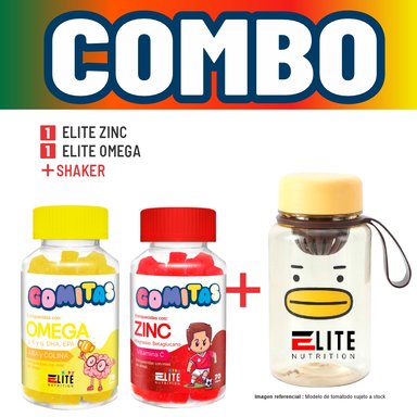 COMBO GOMITAS NIÑOS KIDS ELITE ZINC + ELITE OMEGA + SHAKER ELITE NUTRITION