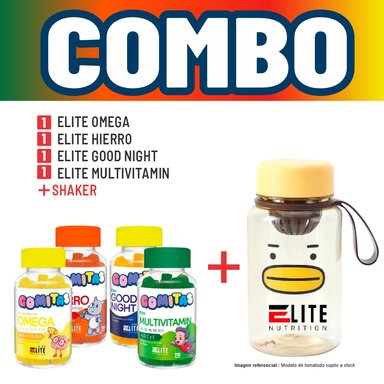 COMBO GOMITAS NIÑOS KIDS ELITE OMEGA + ELITE HIERRO + ELITE GOOD NIGHT + ELITE MULTIVITAMIN + SHAKER ELITE NUTRITION