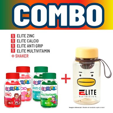 COMBO GOMITAS NIÑOS KIDS ELITE ZINC + ELITE CALCIO + ELITE ANTI GRIP + ELITE MULTIVITAMIN + SHAKER ELITE NUTRITION