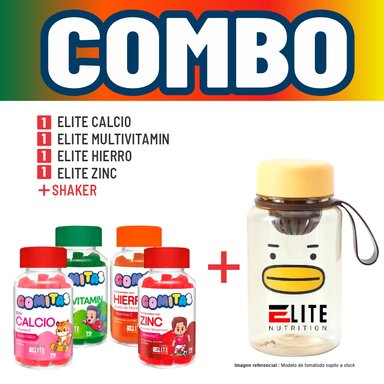COMBO GOMITAS NIÑOS KIDS ELITE CALCIO + ELITE MULTIVITAMIN + ELITE HIERRO + ELITE ZINC + SHAKER ELITE NUTRITION