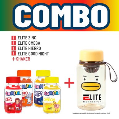 COMBO GOMITAS NIÑOS KIDS ELITE ZINC + ELITE OMEGA + ELITE HIERRO + ELITE GOOD NIGHT + SHAKER ELITE NUTRITION