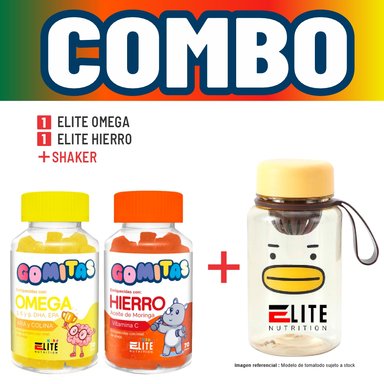 COMBO GOMITAS NIÑOS KIDS ELITE OMEGA + ELITE HIERRO + SHAKER ELITE NUTRITION