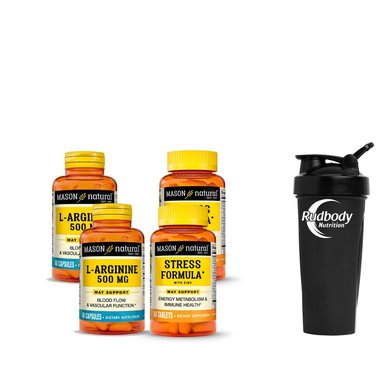 COMBO VITAMINAS 2 ARGININE 500 MG 60 CÁPSULAS + 2 STRESS FORMULA WITH ZINC, ANTIOXIDANTS C Y E PLUS + SHAKER MASON NATURAL