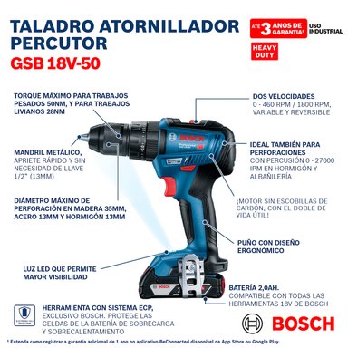 TALADRO BOSCH PERCUTOR ATORNILLADOR GSB 18V-50 18 WATTS BRUSHLESS MP - 6