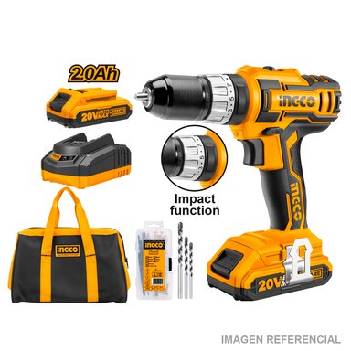 SET DE HERRAMIENTAS INGCO TALADRO ATORNILLADOR CIDLI2002 3/8' 45 NM 20V + 50 ACC