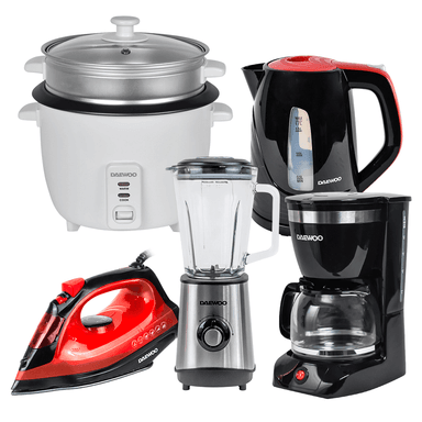 DAEWOO HERVIDOR1.7L+ARROCERA1.5L+LICUADORA+PLANCHA+CAFETERA