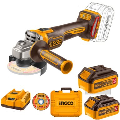 AMOLADORA ESMERIL INGCO 4 1/2” 20V BRUSHLESS + 2 BATERÍAS 5AH