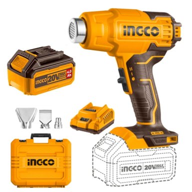 PISTOLA DE CALOR INGCO 20V 550°C INALÁMBRICA + BATERÍA 4AH