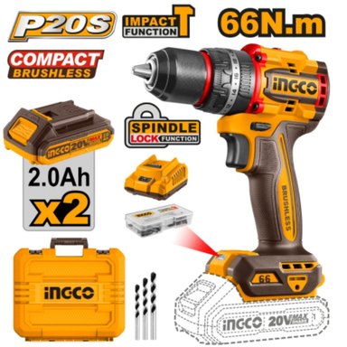 TALADRO PERCUTOR INGCO 20V BRUSHLESS 66NM P20S KIT 2 BATERÍAS