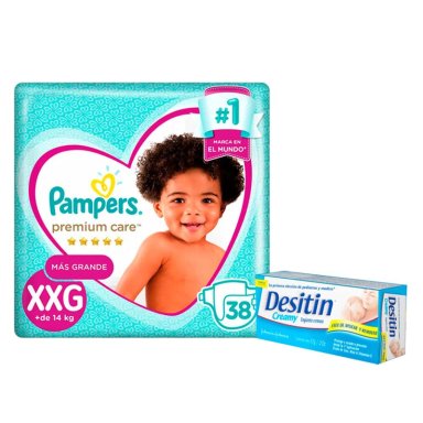 PAÑALES PAMPERS PREMIUM CARE TALLA XXG 38 + CREMA DESITIN 57 GR