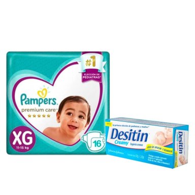 PAÑALES PAMPERS PREMIUM CARE XG 16 + CREMA DESITIN 57 GR
