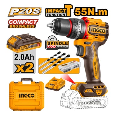 TALADRO PERCUTOR 55NM 20V + 2 BATERÍAS 2AH INGCO CIDLI20558 - 2